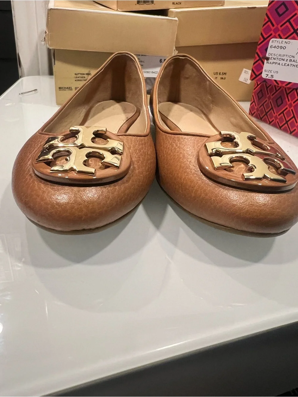 Tory Burch Cognac Leather Ballet Flats with Gold Logo